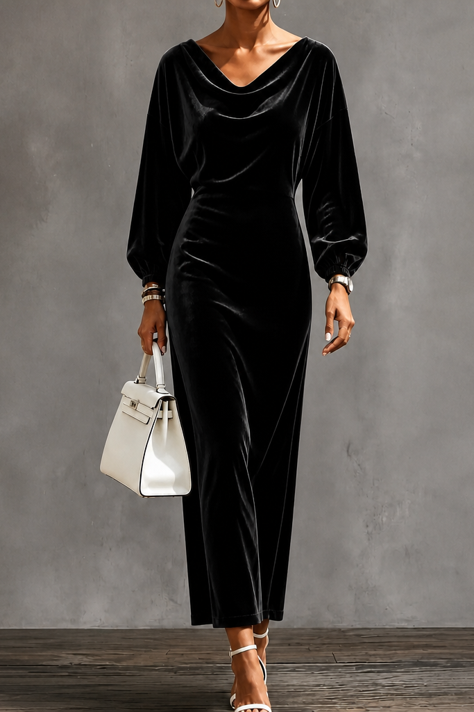 Agatha – Women's Velvet-Look Cowl Neck Long Sleeve Midi Dress