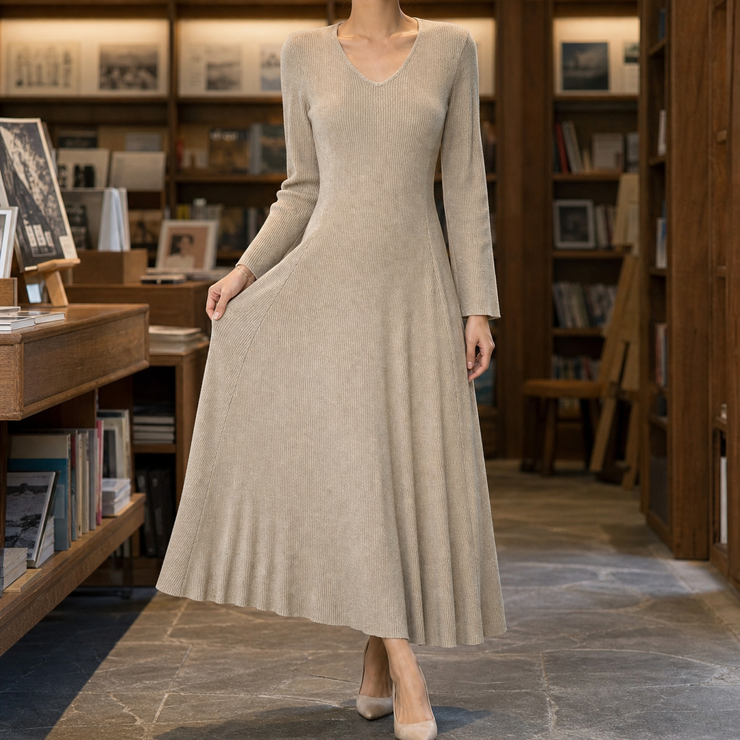 Agnes – Women's Ribbed V-Neck Long Sleeve Maxi Sweater Dress