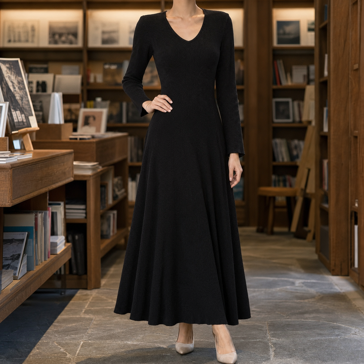 Agnes – Women's Ribbed V-Neck Long Sleeve Maxi Sweater Dress