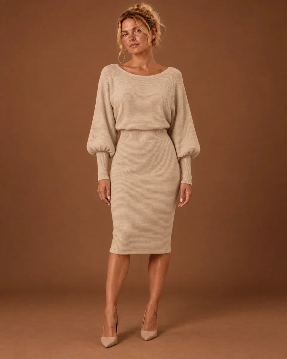 Aida – Women's Balloon Sleeve Boat Neck Midi Sweater Dress