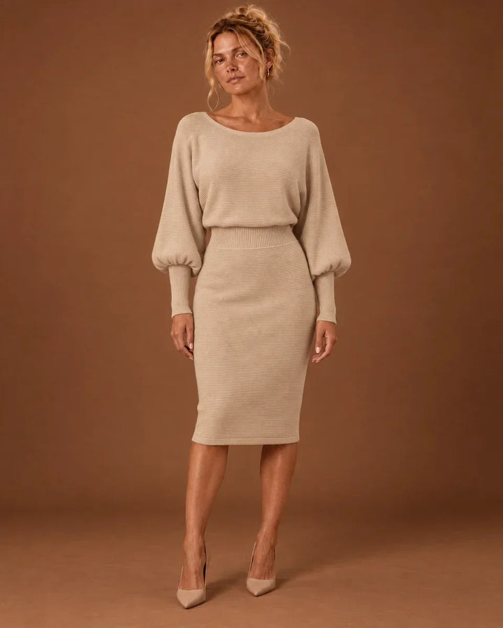 Aida – Women's Balloon Sleeve Boat Neck Midi Sweater Dress