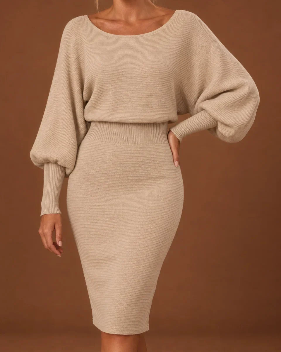 Aida – Women's Balloon Sleeve Boat Neck Midi Sweater Dress