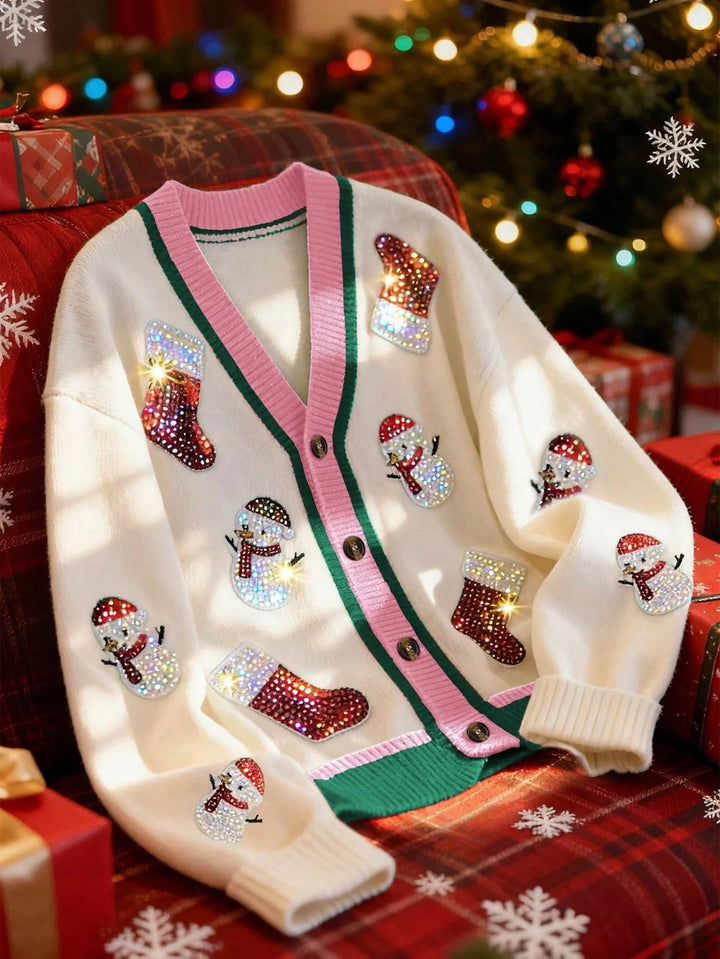 Amabel – Women's Christmas Sequin V-Neck Button-Front Cardigan