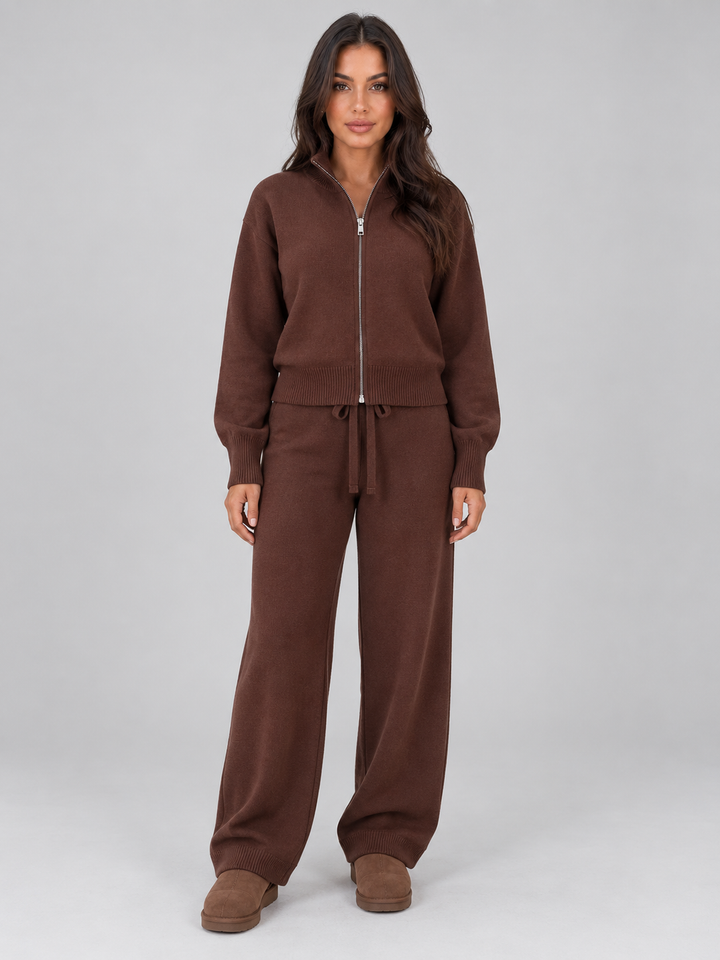 Anais – Women's Zip-Up Mock Neck Sweater Set with Wide-Leg Pants