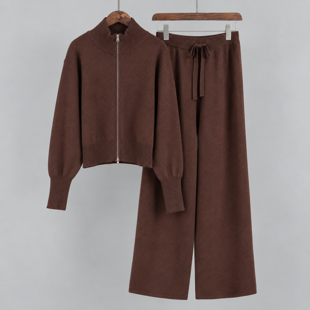 Anais – Women's Zip-Up Mock Neck Sweater Set with Wide-Leg Pants