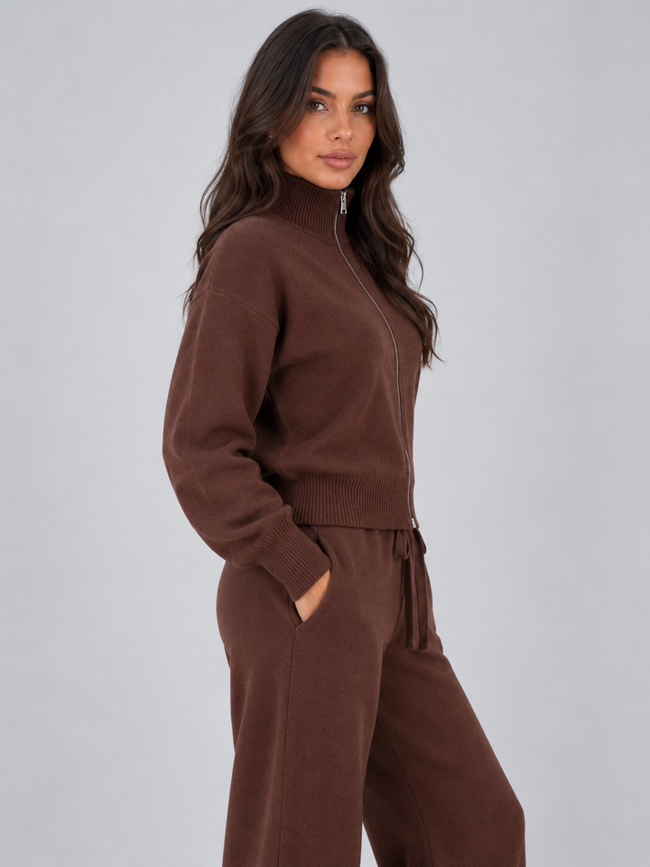 Anais – Women's Zip-Up Mock Neck Sweater Set with Wide-Leg Pants