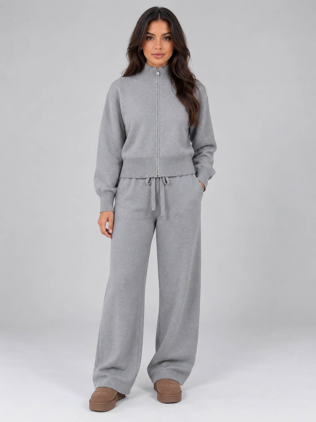 Anais – Women's Zip-Up Mock Neck Sweater Set with Wide-Leg Pants