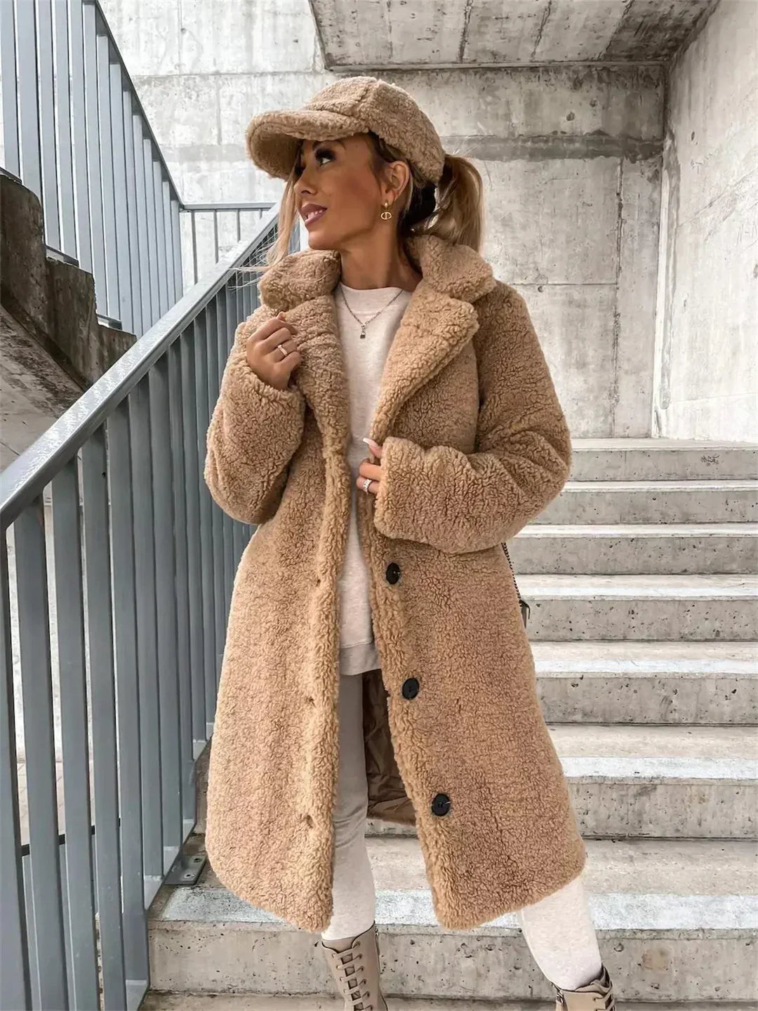 Aurelie – Women's Knee-Length Teddy Coat with Single-Breasted Buttons