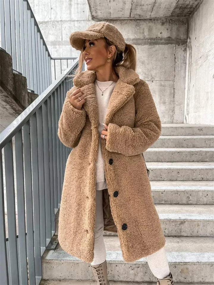 Aurelie – Women's Knee-Length Teddy Coat with Single-Breasted Buttons