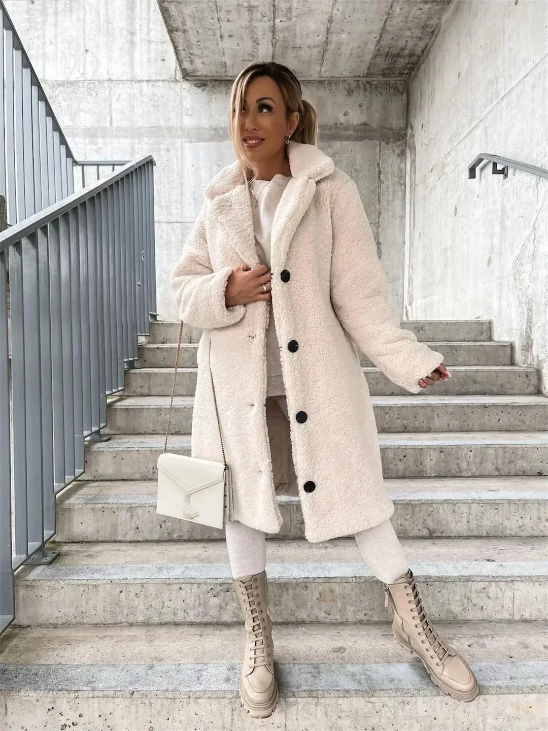 Aurelie – Women's Knee-Length Teddy Coat with Single-Breasted Buttons
