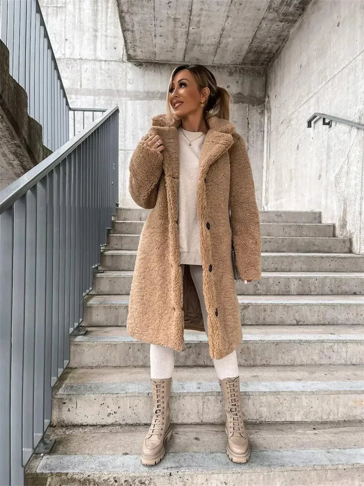 Aurelie – Women's Knee-Length Teddy Coat with Single-Breasted Buttons