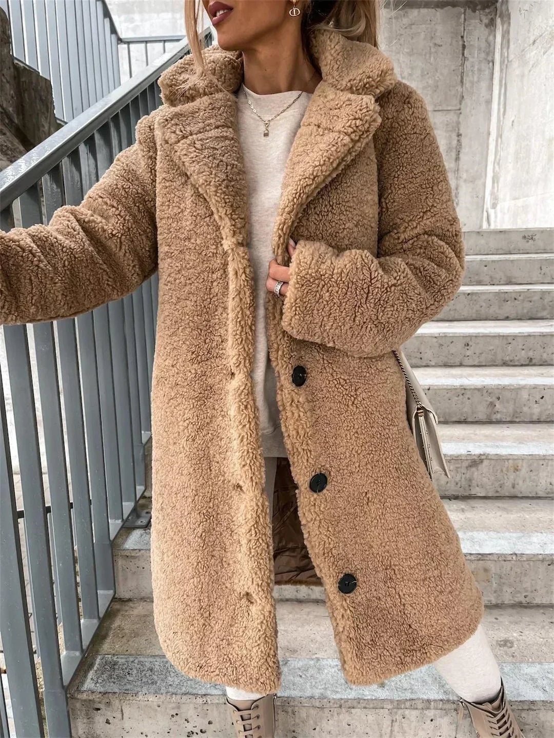 Aurelie – Women's Knee-Length Teddy Coat with Single-Breasted Buttons