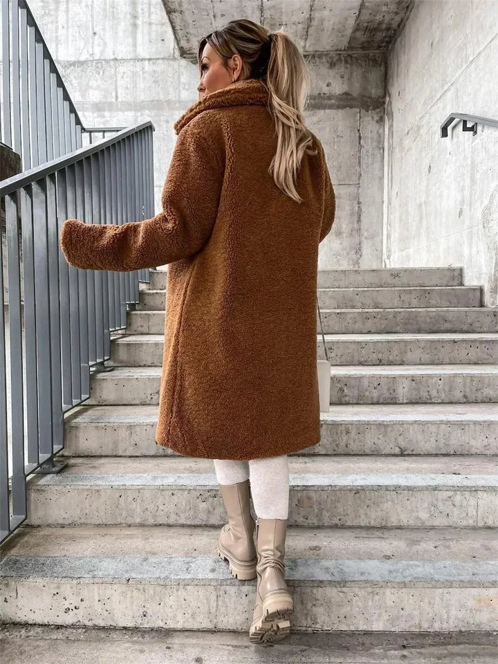 Aurelie – Women's Knee-Length Teddy Coat with Single-Breasted Buttons