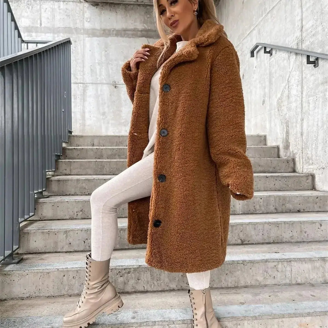 Aurelie – Women's Knee-Length Teddy Coat with Single-Breasted Buttons