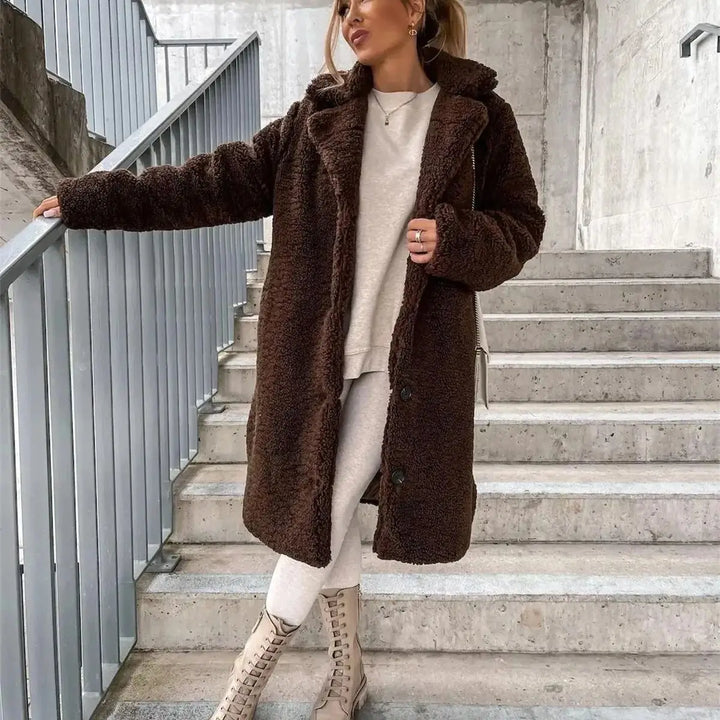 Aurelie – Women's Knee-Length Teddy Coat with Single-Breasted Buttons