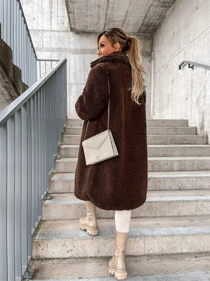 Aurelie – Women's Knee-Length Teddy Coat with Single-Breasted Buttons