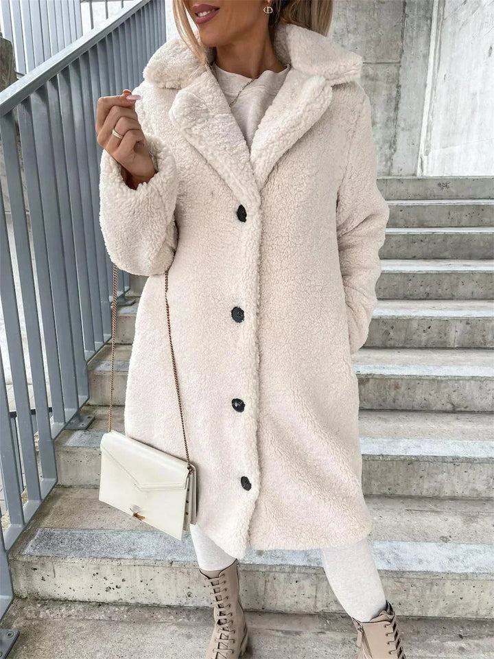 Aurelie – Women's Knee-Length Teddy Coat with Single-Breasted Buttons