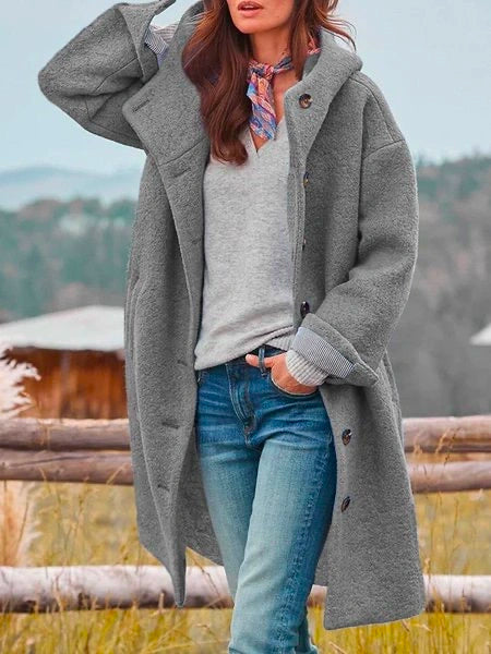Lina – Longline Hooded Bouclé Coat with Button Front