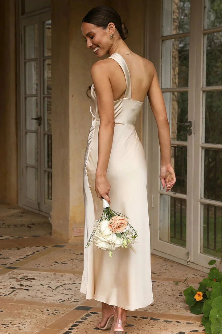 Aspen – Asymmetric Halter Fishtail Midi Dress, Wedding Guest