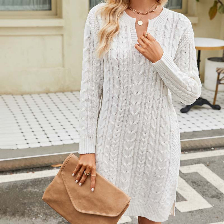 Rachael – Notched Neck Cable-Textured Mini Sweater Dress for Women