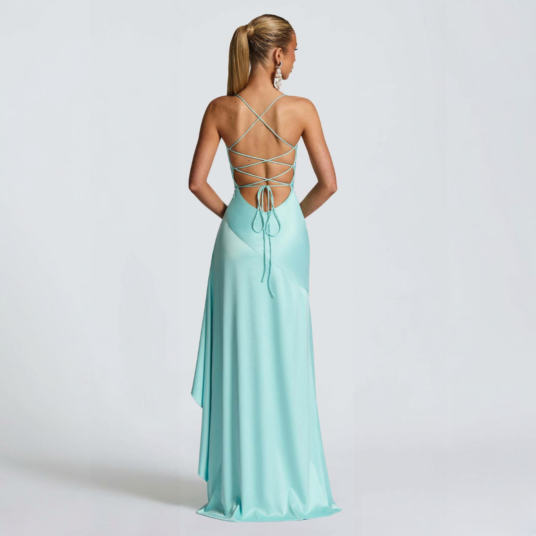 June – Cowl Neck Maxi Dress with High Slit and Ruffle Hem