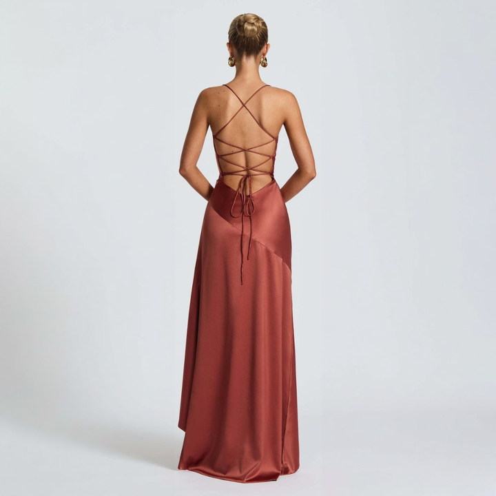 June – Cowl Neck Maxi Dress with High Slit and Ruffle Hem