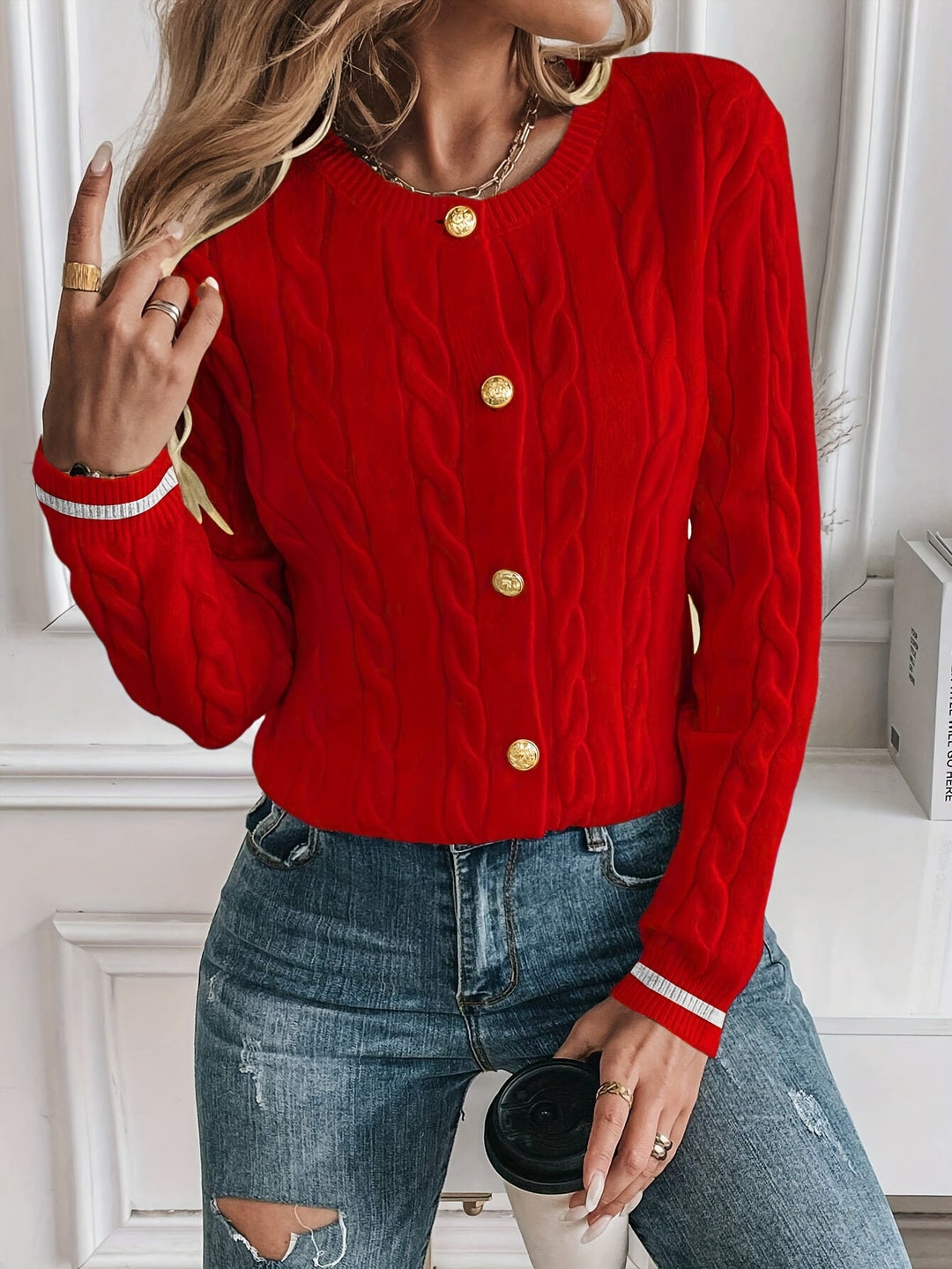 Annabeth – Cable-Stitch Button-Front Cardigan with Contrast Trim for Women