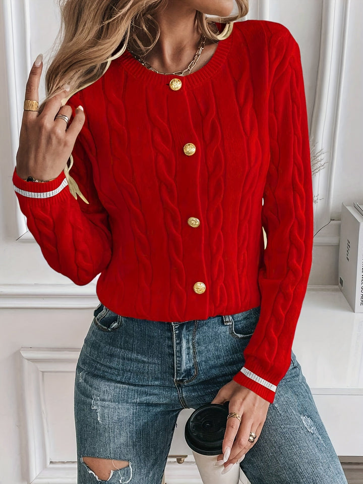 Annabeth – Cable-Stitch Button-Front Cardigan with Contrast Trim for Women