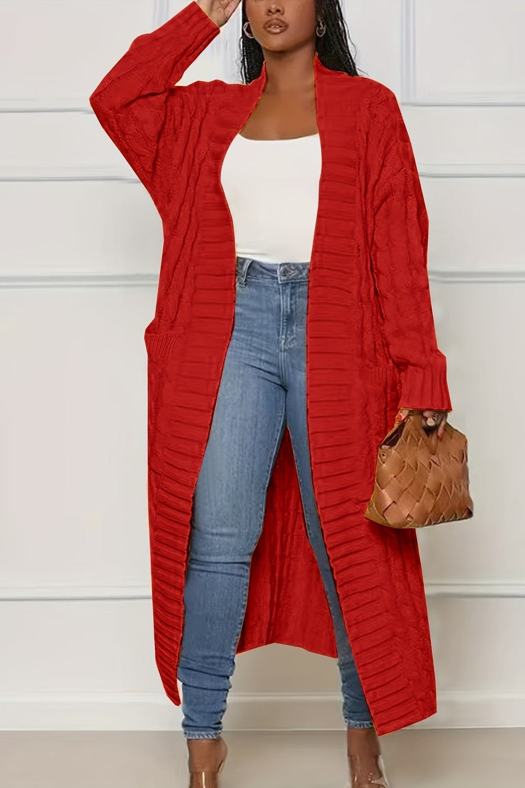 Bea – Women's Long Open Front Cable-Stitch Cardigan
