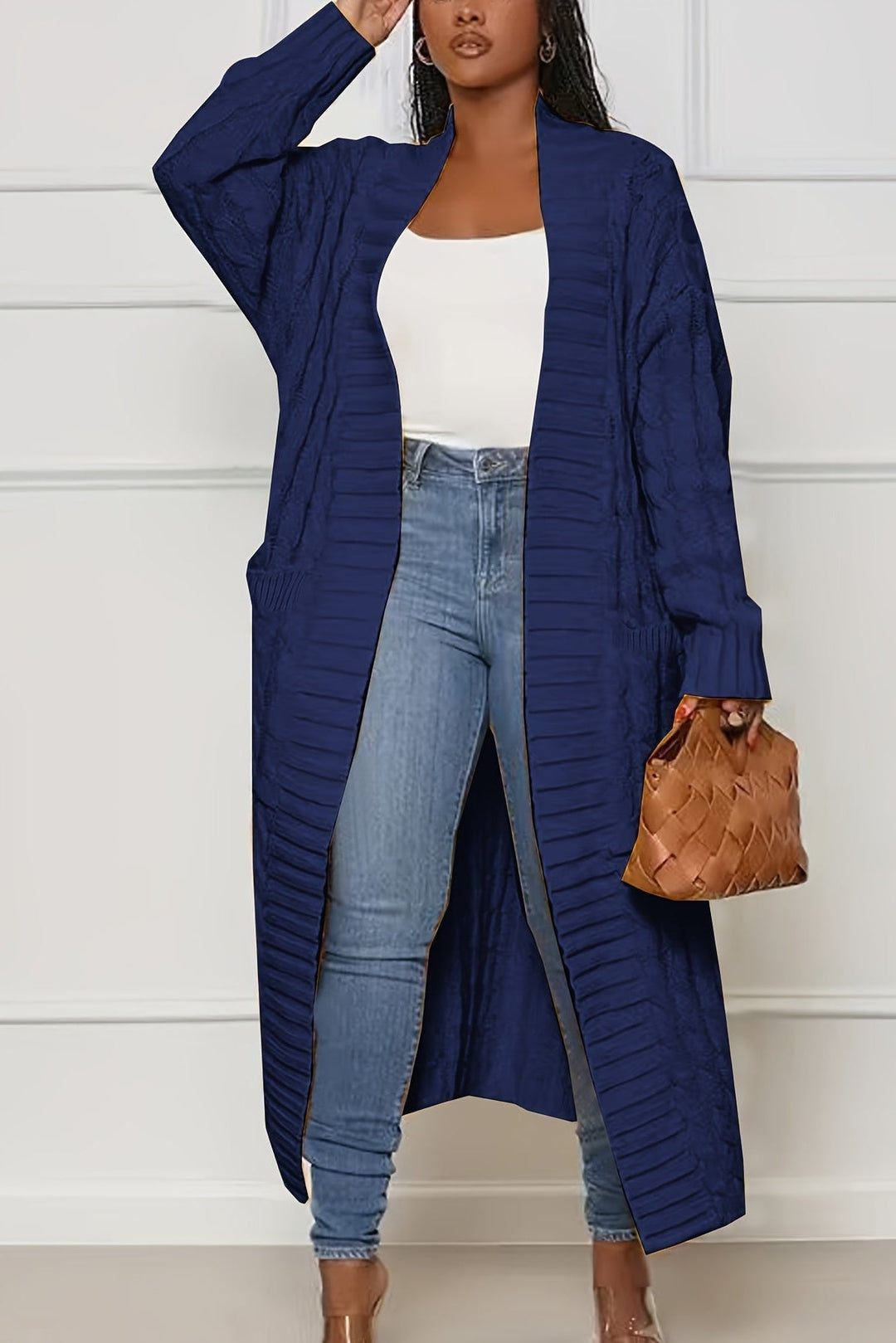 Bea – Women's Long Open Front Cable-Stitch Cardigan