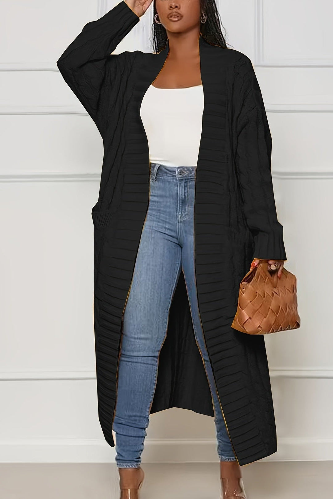 Bea – Women's Long Open Front Cable-Stitch Cardigan