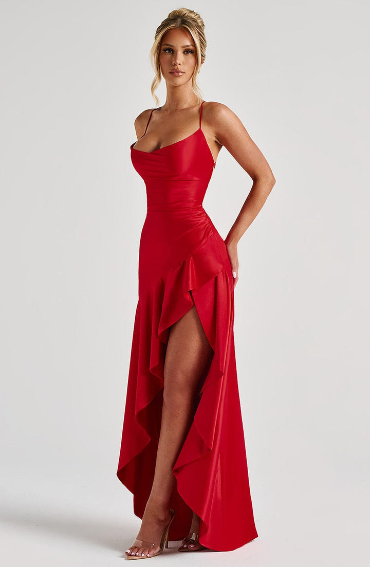 Bess – Women's Satin-Look Cowl Neck Maxi Dress with Ruffle Slit