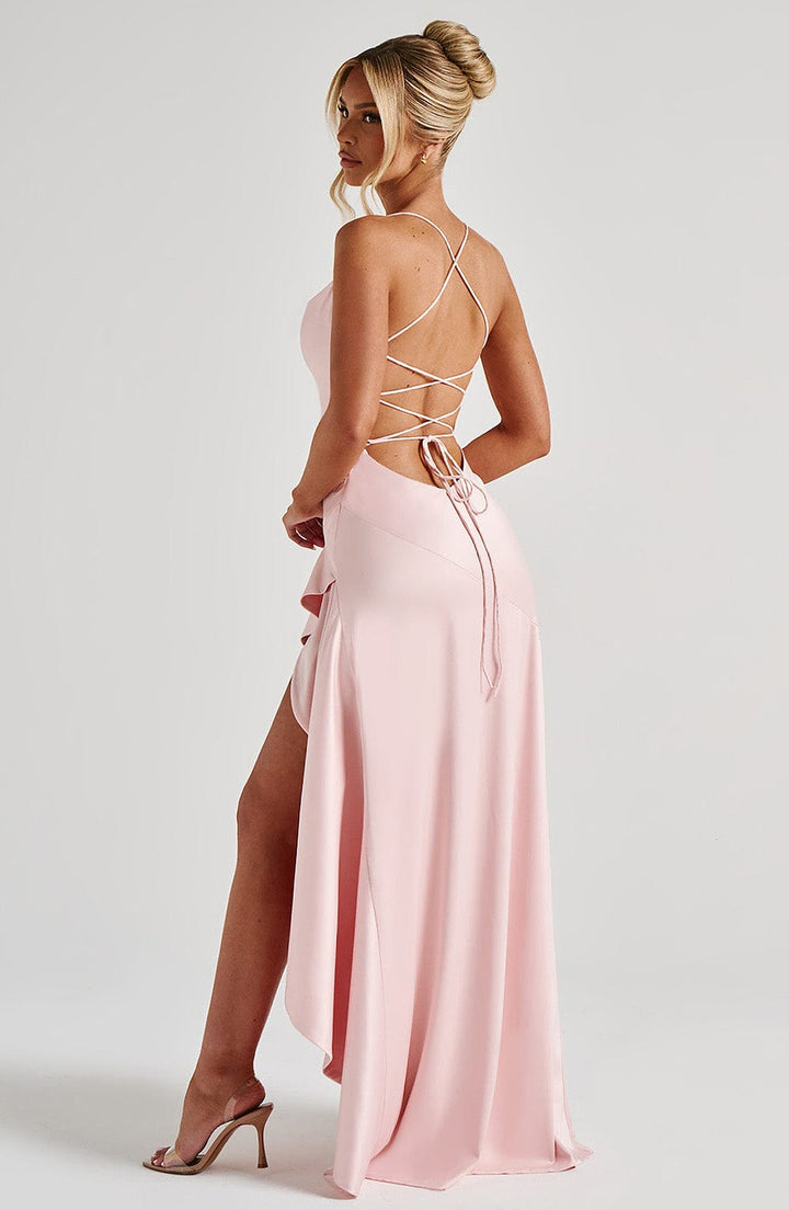 Bess – Women's Satin-Look Cowl Neck Maxi Dress with Ruffle Slit