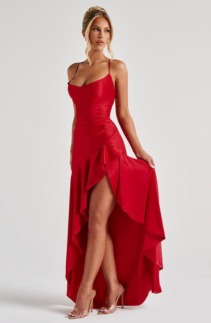 Bess – Women's Satin-Look Cowl Neck Maxi Dress with Ruffle Slit