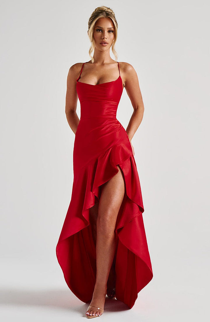 Bess – Women's Satin-Look Cowl Neck Maxi Dress with Ruffle Slit