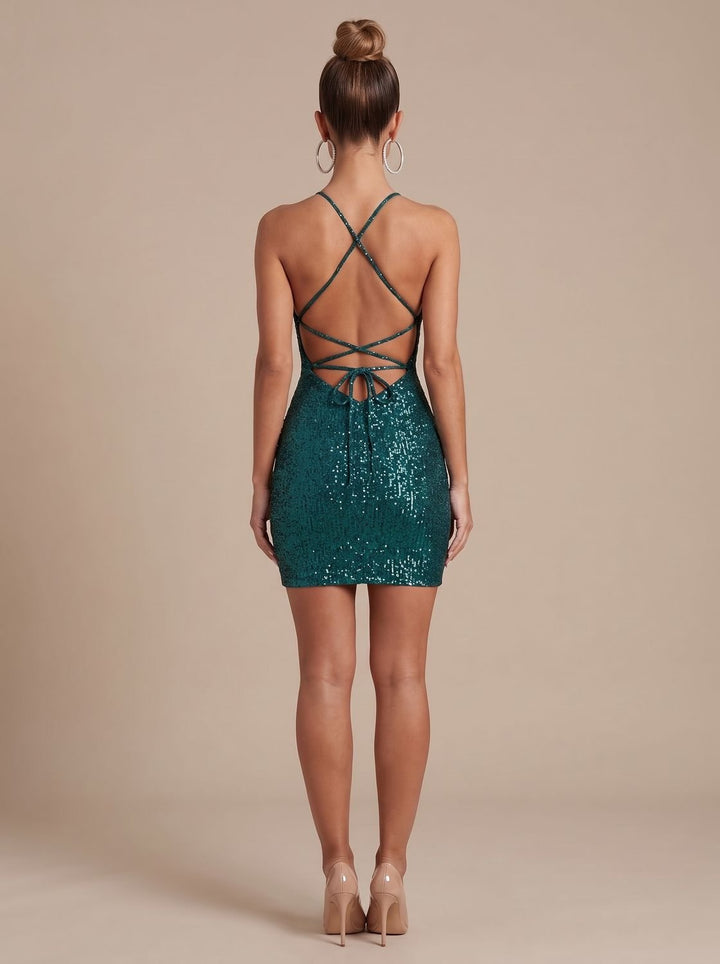 Billie – Women's Deep V Sequin Bodycon Mini Dress with Tie-Up Back