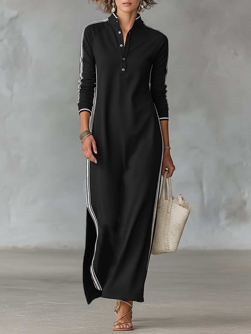 Brynn – Women's Long Sleeve Stripe-Trim Maxi Dress with Button Placket