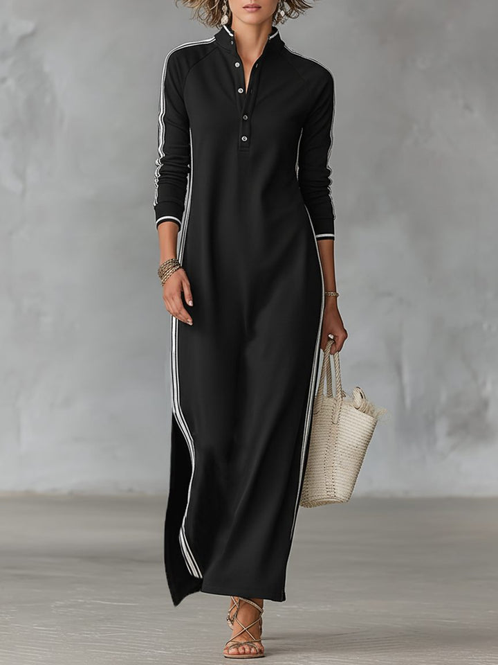 Brynn – Women's Long Sleeve Stripe-Trim Maxi Dress with Button Placket