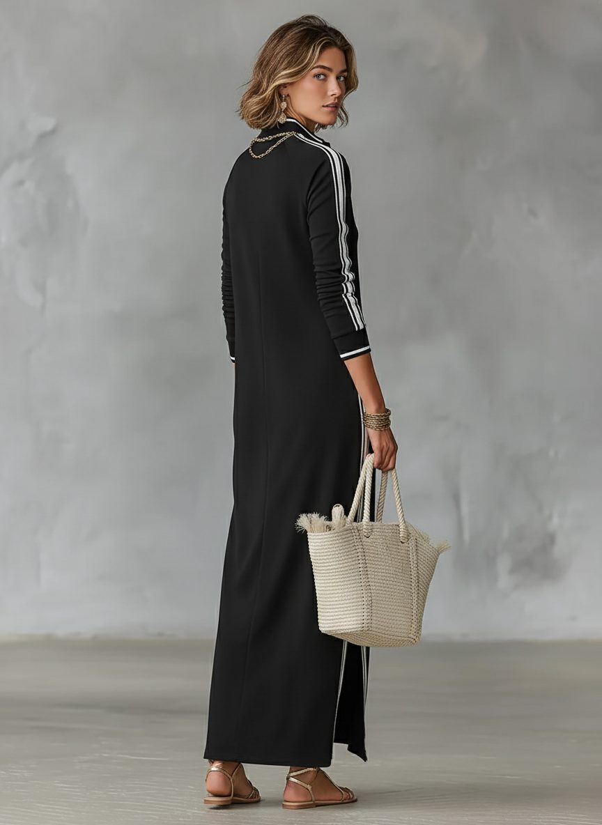 Brynn – Women's Long Sleeve Stripe-Trim Maxi Dress with Button Placket