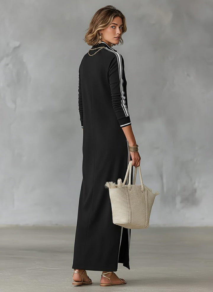Brynn – Women's Long Sleeve Stripe-Trim Maxi Dress with Button Placket