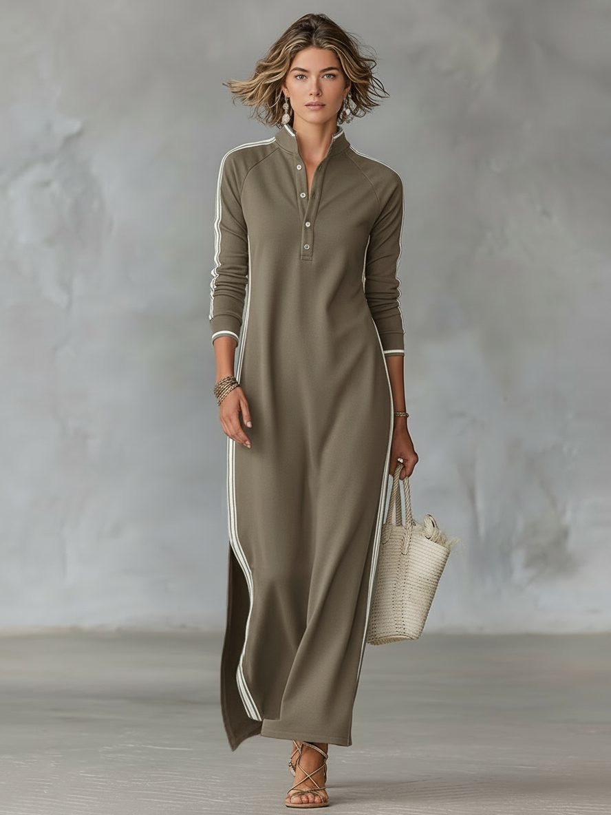 Brynn – Women's Long Sleeve Stripe-Trim Maxi Dress with Button Placket