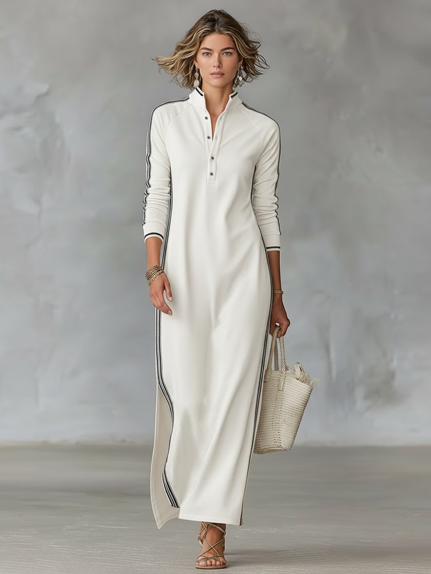 Brynn – Women's Long Sleeve Stripe-Trim Maxi Dress with Button Placket