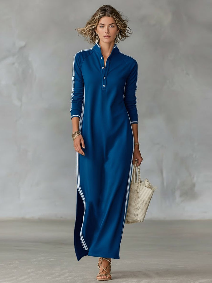 Brynn – Women's Long Sleeve Stripe-Trim Maxi Dress with Button Placket