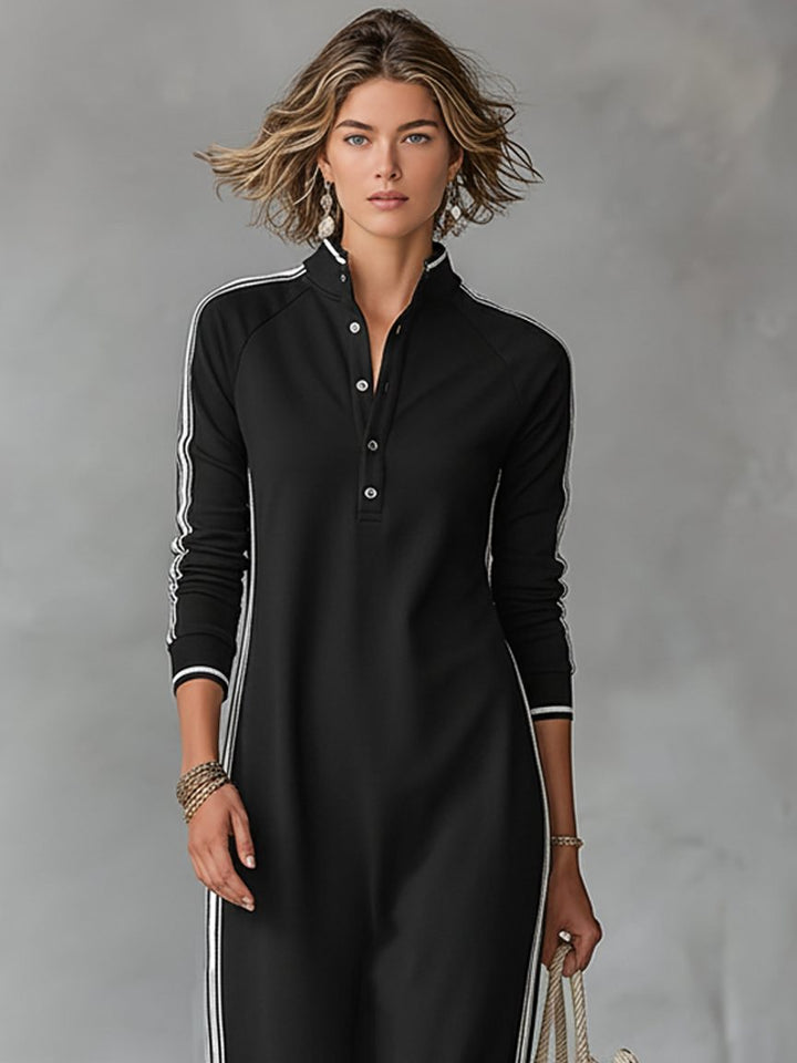 Brynn – Women's Long Sleeve Stripe-Trim Maxi Dress with Button Placket