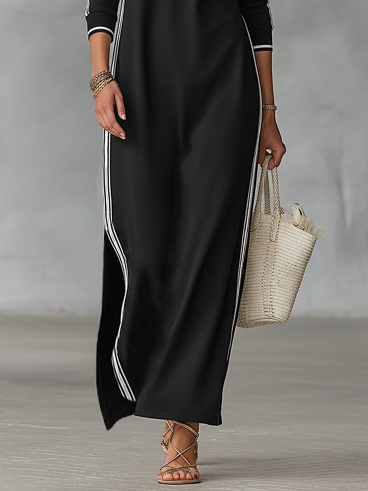 Brynn – Women's Long Sleeve Stripe-Trim Maxi Dress with Button Placket