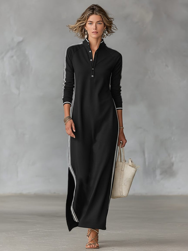 Brynn – Women's Long Sleeve Stripe-Trim Maxi Dress with Button Placket