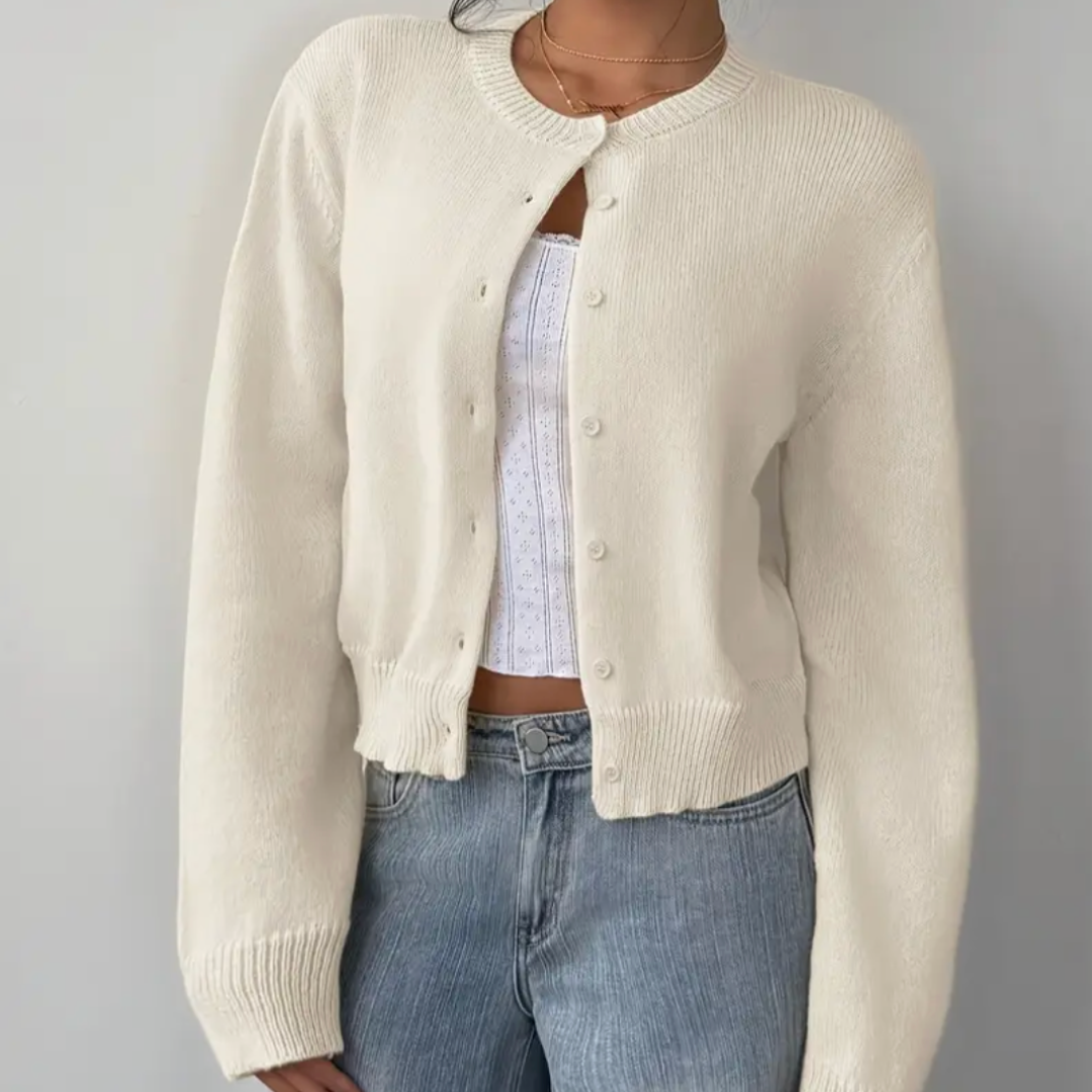Caitriona – Women's Cropped Crewneck Button-Front Cardigan