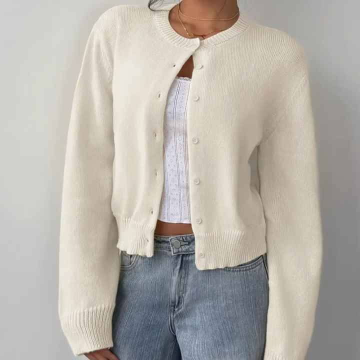 Caitriona – Women's Cropped Crewneck Button-Front Cardigan