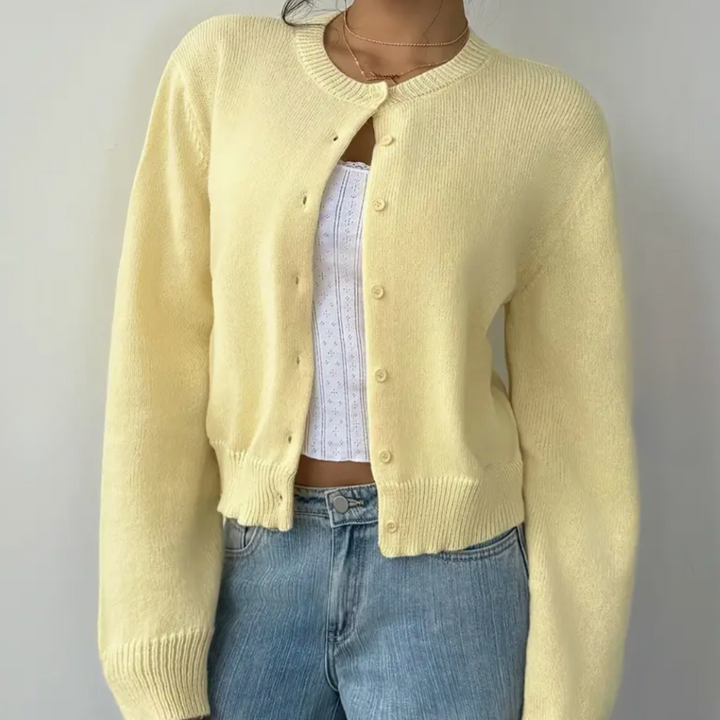 Caitriona – Women's Cropped Crewneck Button-Front Cardigan