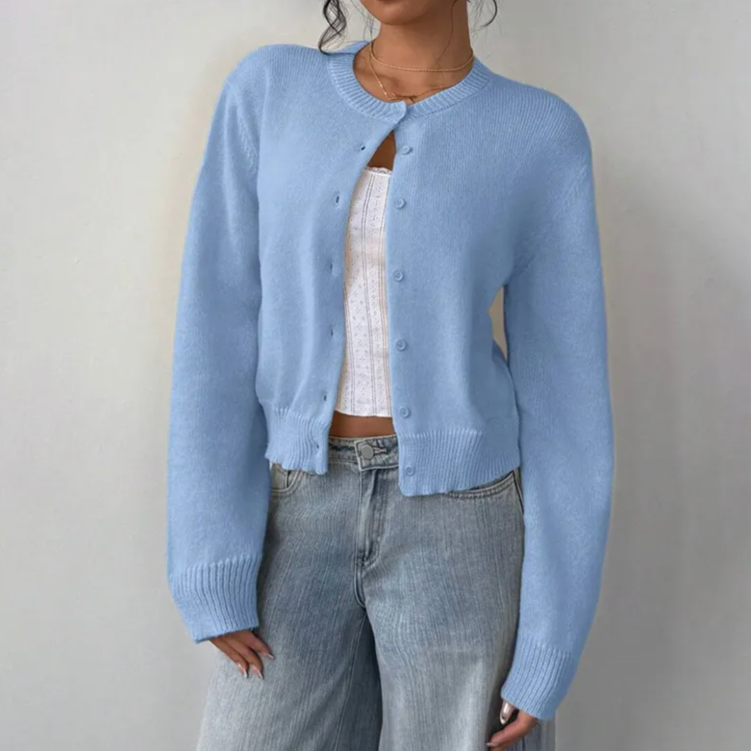 Caitriona – Women's Cropped Crewneck Button-Front Cardigan